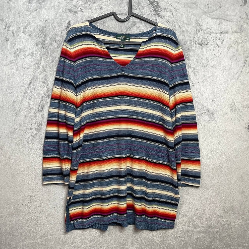Lauren‎ Ralph Lauren Western Linen Blend Striped Pullover Top Large Rustic Boho